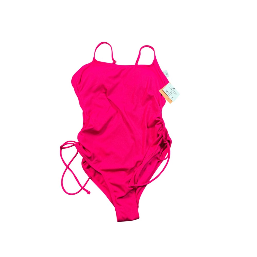 Shade & Shore Womens Hot Pink Ribbed One Piece Swimsuit Size M Adjustable Ties